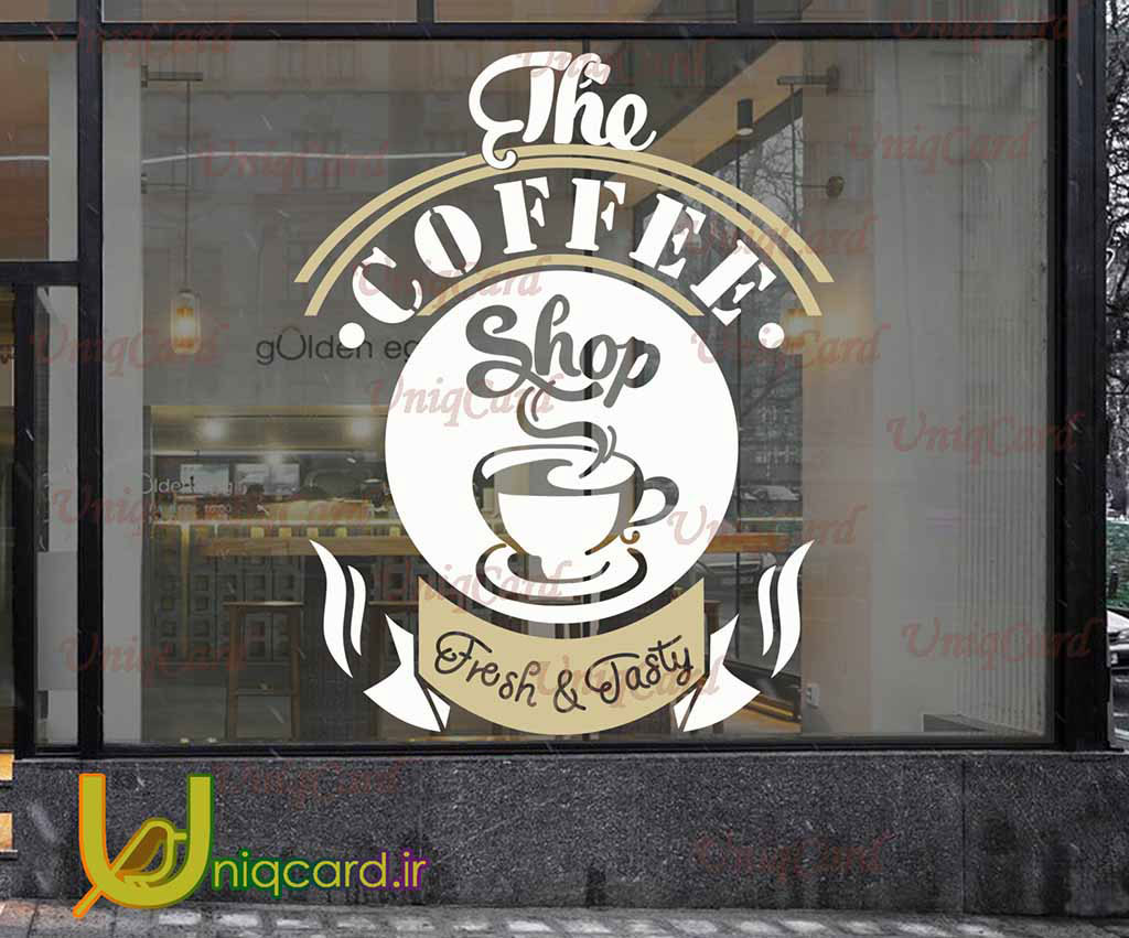 طرح لایه باز CDR کورل دراو استیکر و برچسب شیشه کافی شاپ با طرح  فنجون قهوه و نوشته coffe shop