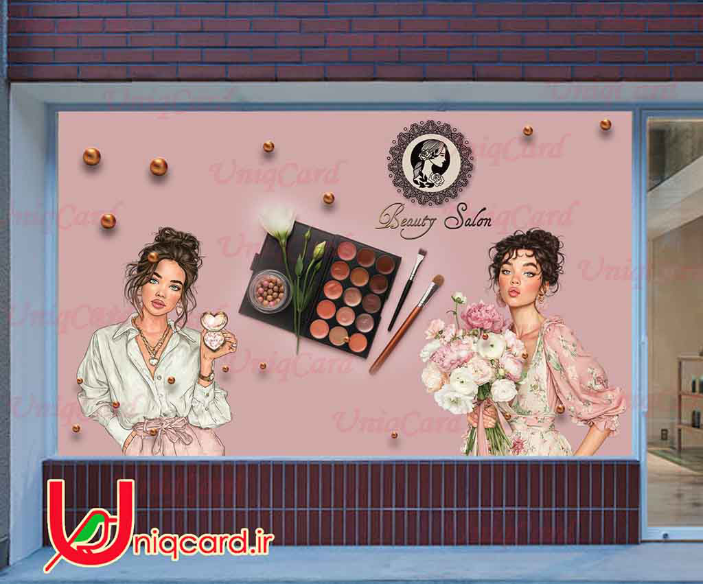 طرح جدید استیکر و برچسب دیوار و شیشه آرایشگاه زنانه با طرح صورتی دخترهای زیبا و گل و پالت سایه چشم