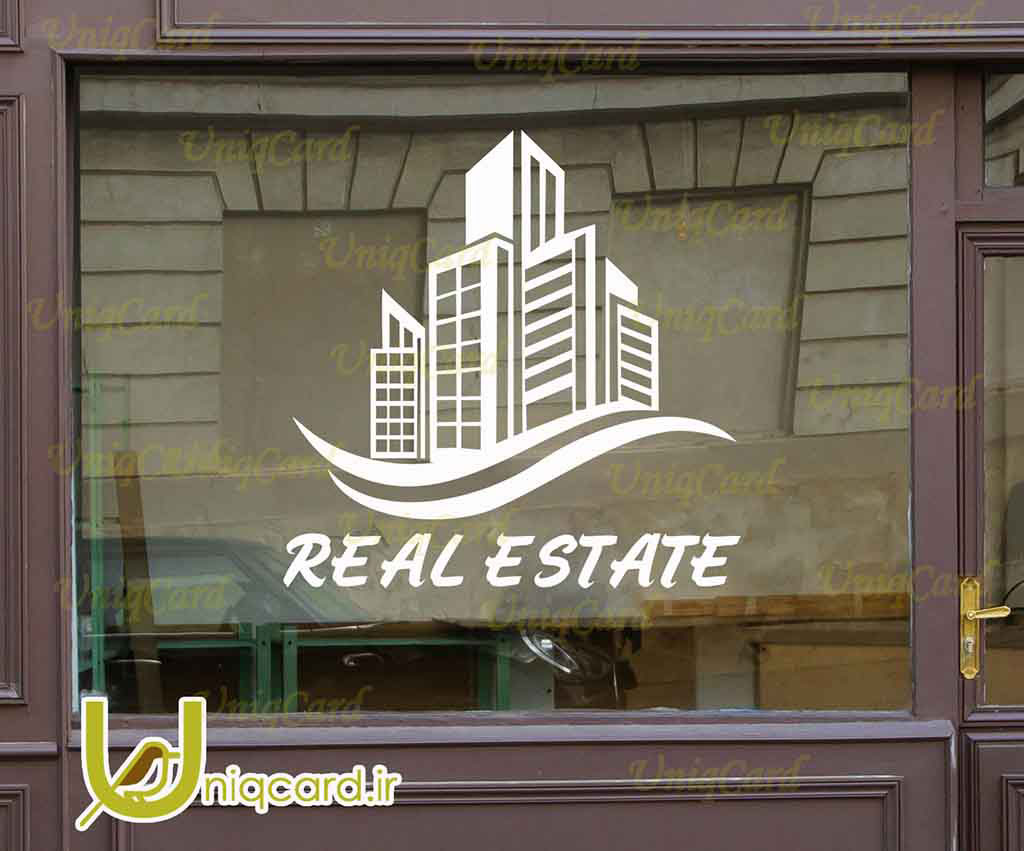 طرح لایه باز استیکر و برچسب شیشه مشاور املاک با طرح مجتمع آپارتمانی