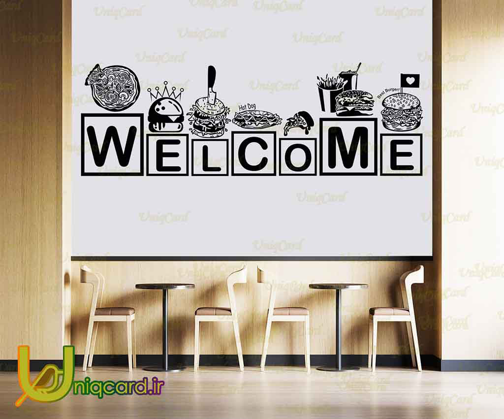 طرح لایه باز CDR کورل دراو استیکر و برچسب دیوار و شیشه رستوران با طرح برگر و پیتزا و حروف welcome