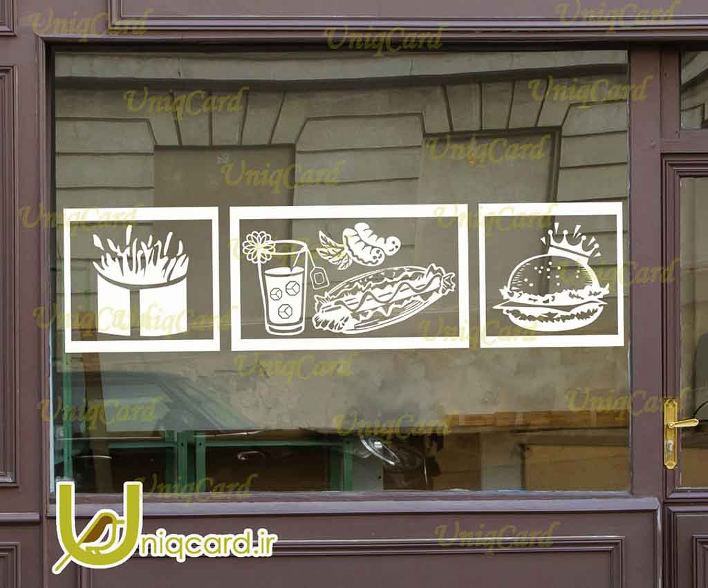 طرح لایه باز CDR کورل دراو استیکر و برچسب شیشه رستوران با طرح برگر و ساندویچ و نوشابه و سیب زمینی