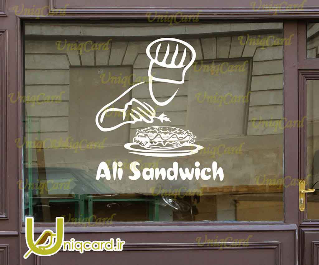 طرح لایه باز CDR کورل دراو استیکر و برچسب دیوار و شیشه رستوران با طرح سرآشپز و ساندویچ لذیذ