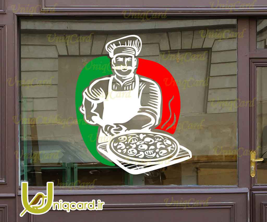 طرح لایه باز استیکر و برچسب شیشه رستوران با طرح سرآشپز پیتزا تنوری