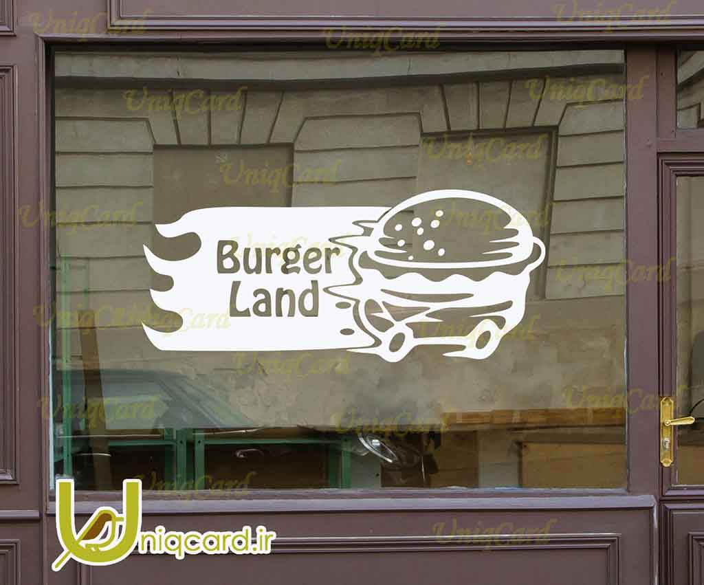 طرح لایه بازاستیکر و برچسب شیشه رستوران با طرح برگر چرخ دار متحرک
