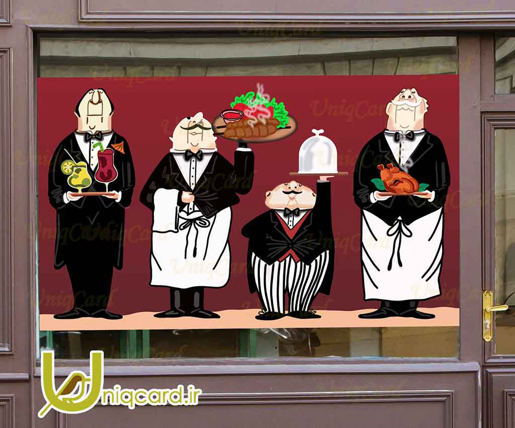 طرح لایه باز استیکر و برچسب شیشه رستوران با طرح سرآشپزهای مرد با سینی کباب کوبیده و مرغ و نوشیدنی