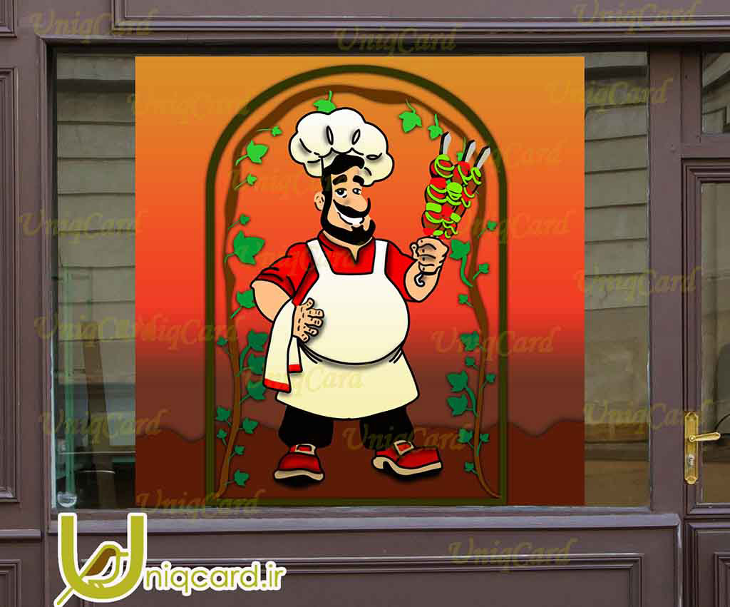 طرح لایه بازاستیکر و برچسب شیشه رستوران با طرح سرآشپز و سیخ های کباب توی دستش