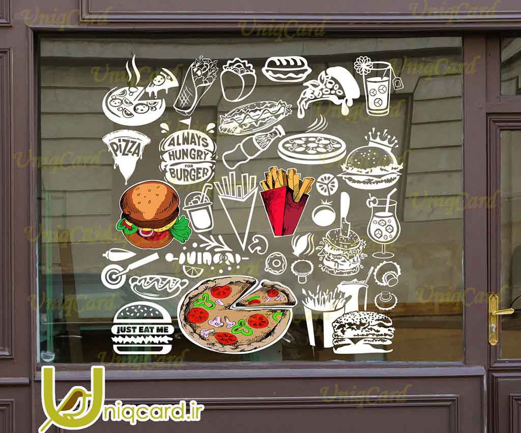 طرح لایه بازاستیکر و برچسب شیشه رستوران با طرح ساندویچ و برگر و پیتزا