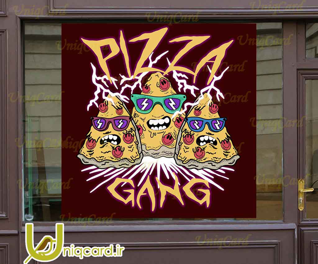 طرح لایه باز استیکر و برچسب دیوار و شیشه فستفود با طرح پیتزا گنگ خفن