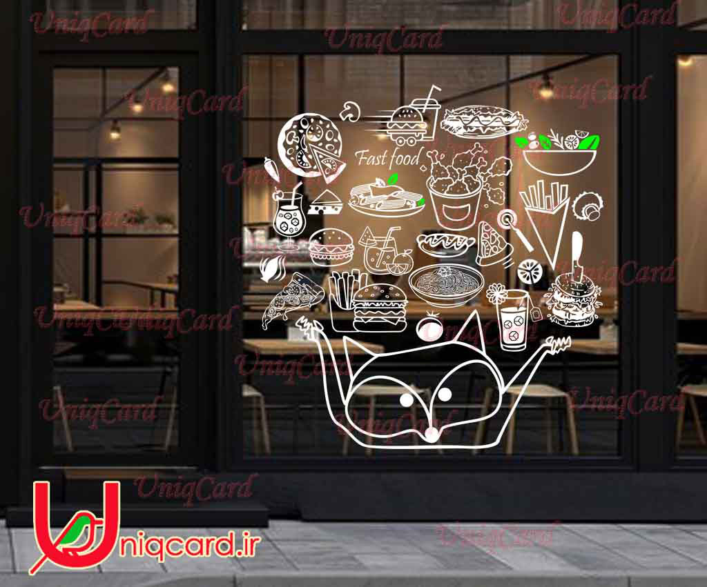 طرح لایه باز استیکر و برچسب شیشه فستفود با طرح روباه و برگر و ساندویچ و پاستا و سیب زمینی و سوخاری و پیتزا و نوشابه