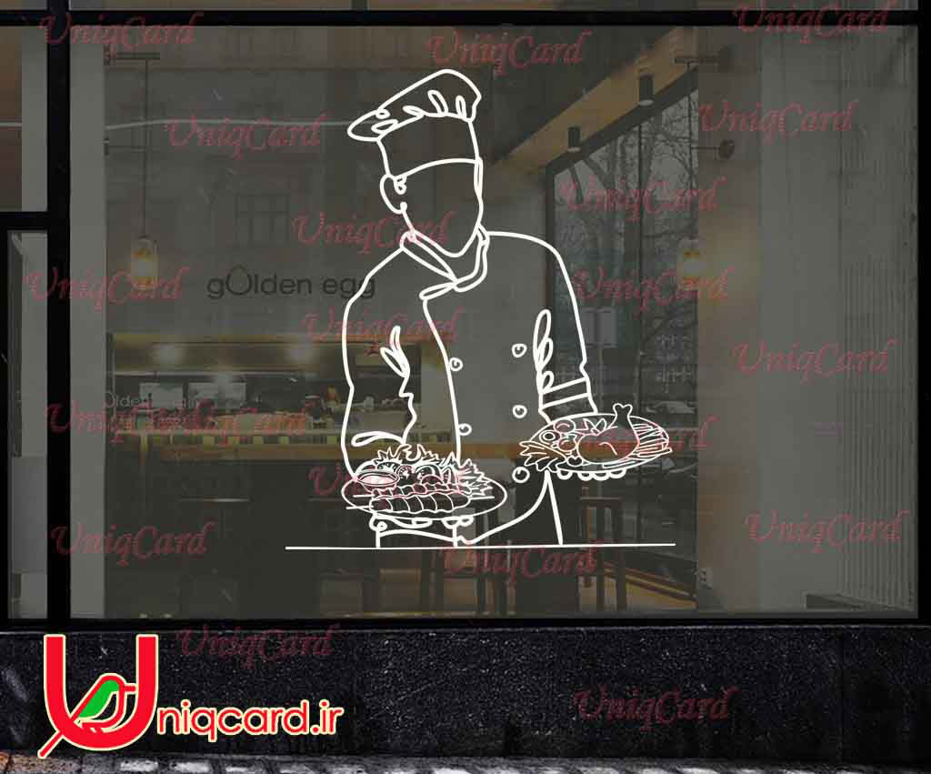 طرح لایه باز استیکر و برچسب شیشه رستوران با طرح سرآشپز با بشقاب های چلوکباب و مرغ در دست