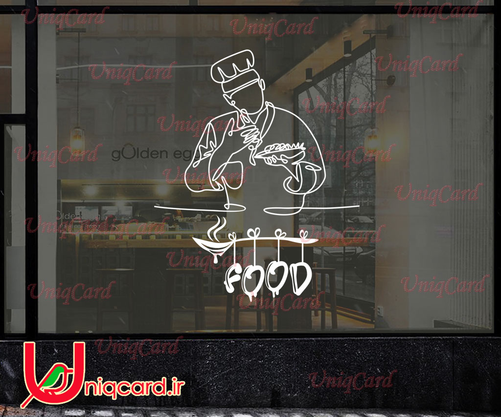 وکتور خطی استیکر و برچسب شیشه رستوران با طرح آرت لاین سرآشپز درحال خوش آمدگویی