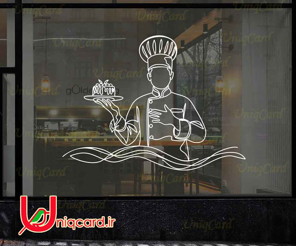 طرح لایه باز استیکر و برچسب شیشه بیکری و شیرینی فروشی با طرح سرآشپز و کیک