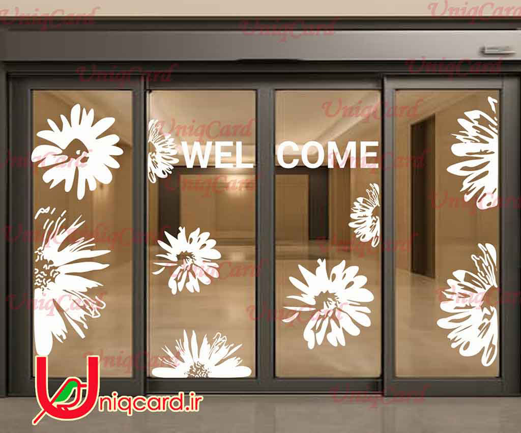 طرح لایه باز استیکر و برچسب شیشه مغازه با طرح گل های آفتابگردان