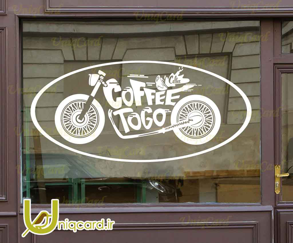 طرح لایه باز CDR کورل دراو استیکر و برچسب دیوار و شیشه کافی شاپ با طرح موتورسیکلت و coffee to go