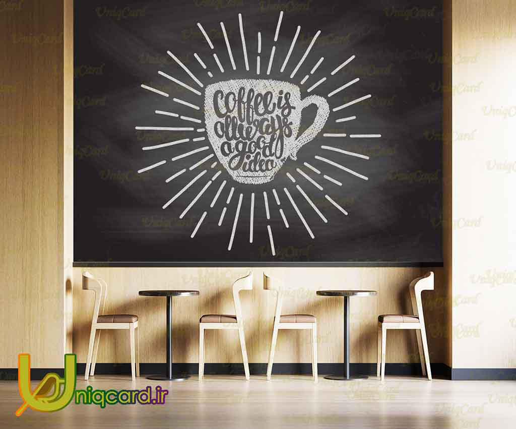 طرح لایه بازPSD استیکر و برچسب دیوار و شیشه کافی شاپ با طرح نقاشی فنجون قهوه روی تخته گچی