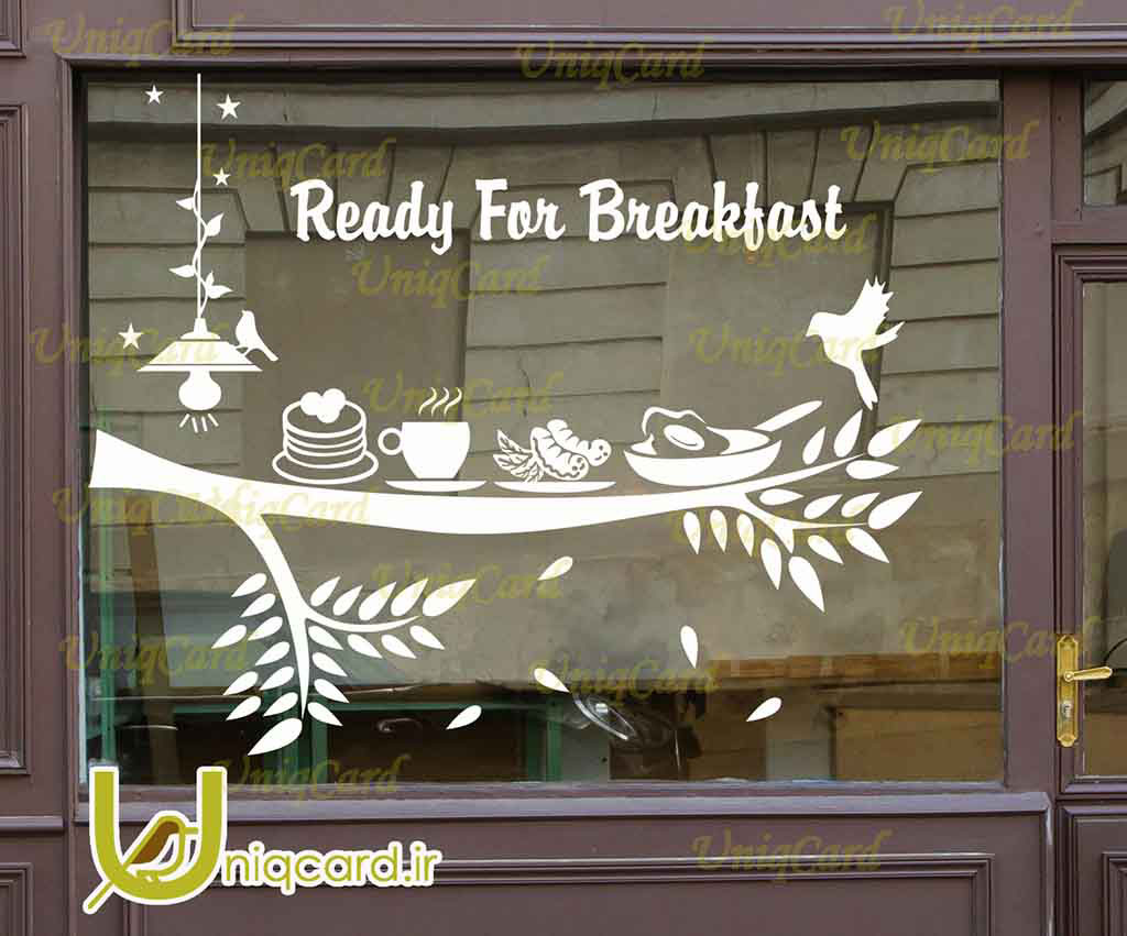 طرح لایه بازاستیکر و برچسب شیشه رستوران با طرح چای و نیمرو و سوسیس روی درخت