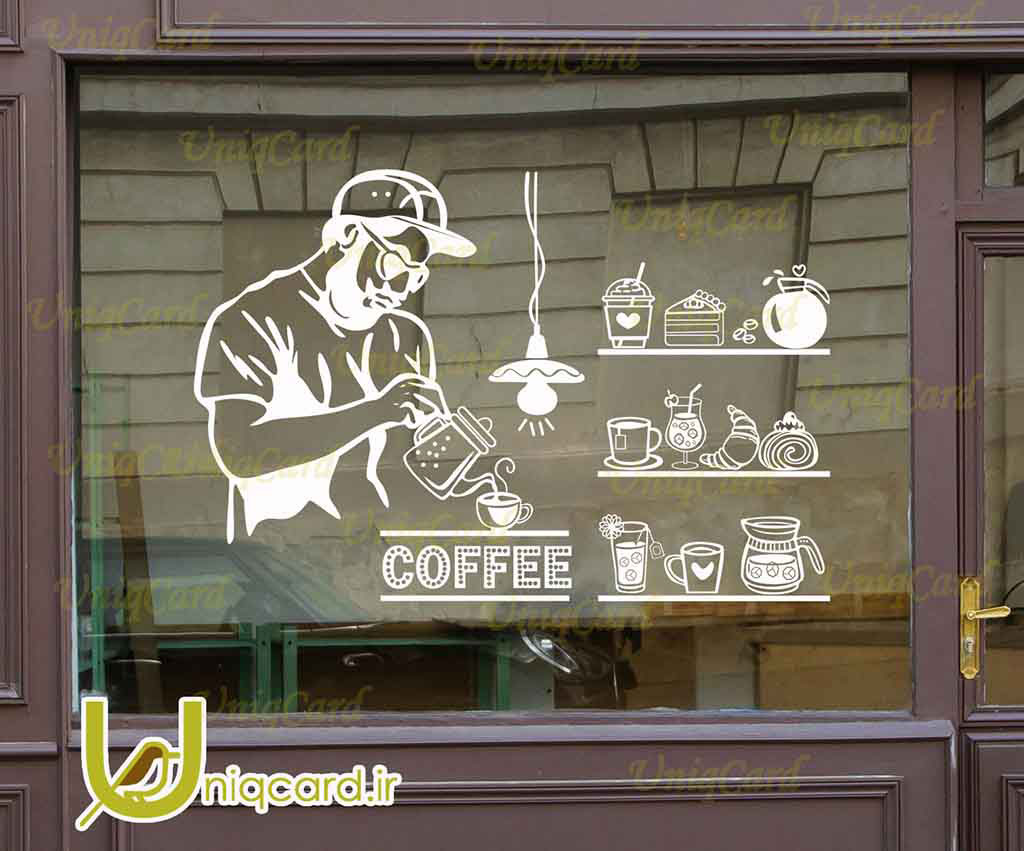 طرح لایه باز استیکر و برچسب دیوار و شیشه کافی شاپ با طرح باریستامن و کافه