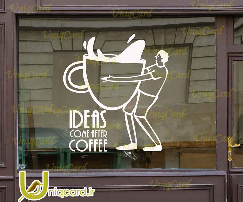 طرح لایه بازاستیکر و برچسب شیشه کافی شاپ با طرح مرد و فنجون قهوه توی بغلش