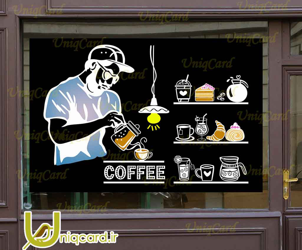 طرح لایه بازاستیکر و برچسب دیوار و شیشه کافی شاپ با طرح کافی من و کروسان و قهوه و رولت