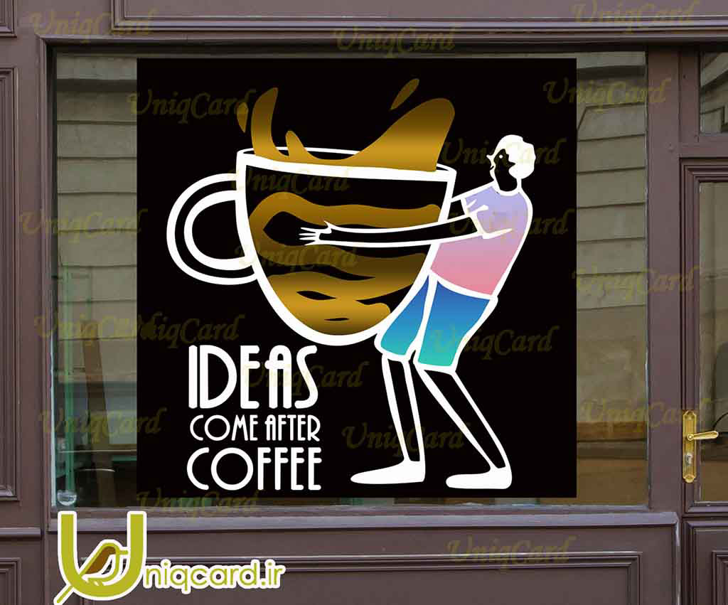 طرح لایه باز استیکر و برچسب شیشه کافی شاپ با طرح پسر با لیوان قوه در بغل