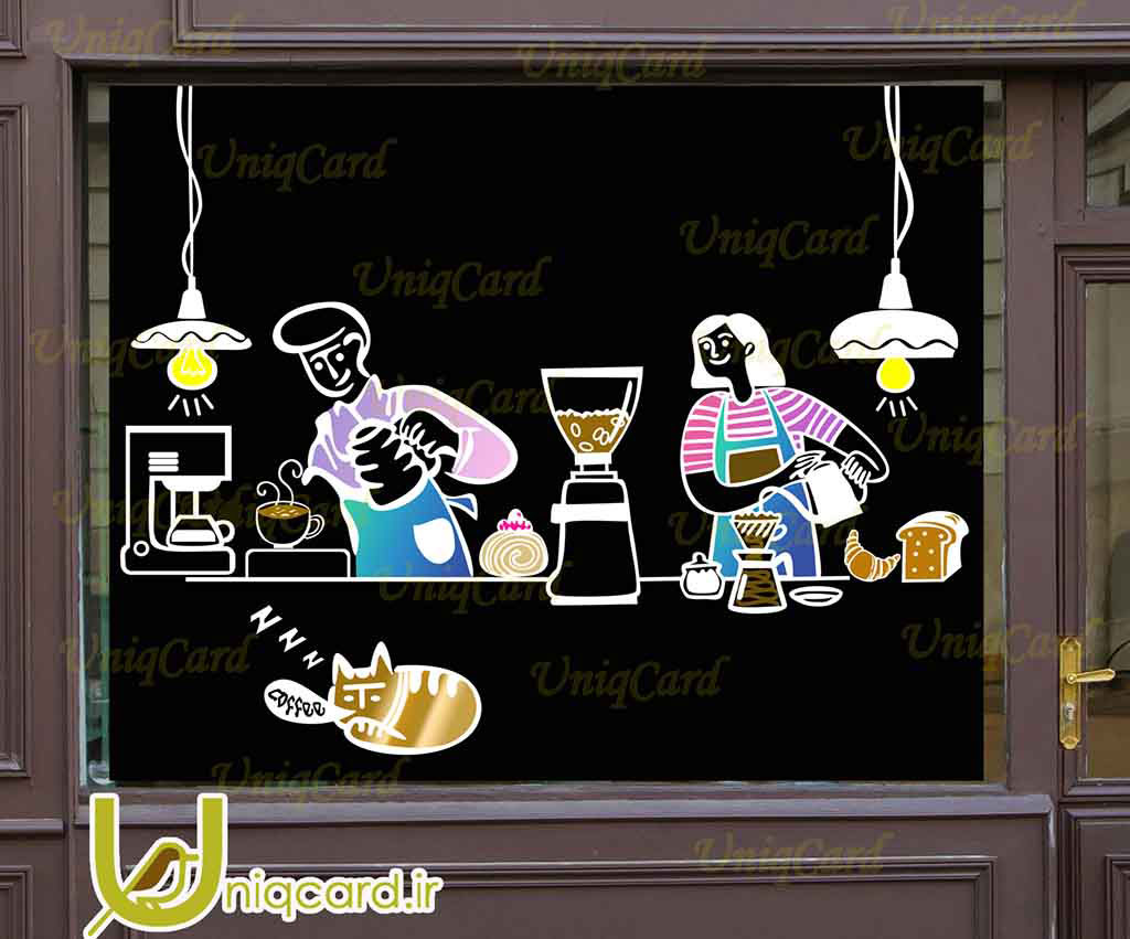 طرح لایه بازاستیکر و برچسب شیشه کافی شاپ با طرح مرد و زن درحال سرو قهوه در کافه