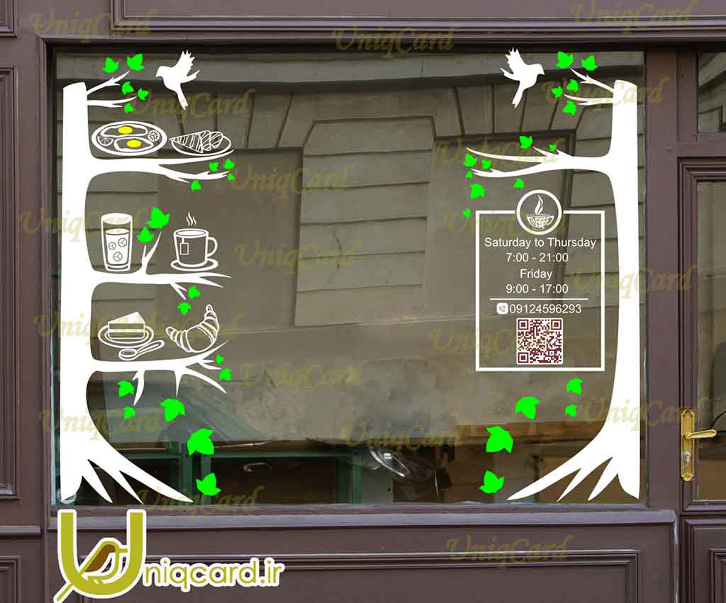 طرح لایه باز استیکر و برچسب شیشه کافی شاپ با طرح درختان افرا و قهوه و چای و تخم مرغ صبحانه