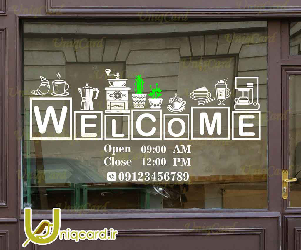 طرح لایه باز استیکر و برچسب شیشه کافی شاپ با طرح welcome و فنجون قهوه و اسپرسوساز و کیک و گلدون