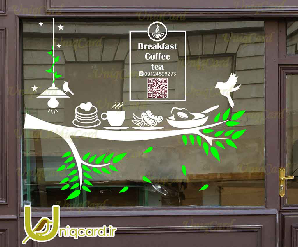 طرح لایه باز استیکر و برچسب شیشه کافی شاپ با طرح درخت و قهوه و صبحانه و چای و پرنده