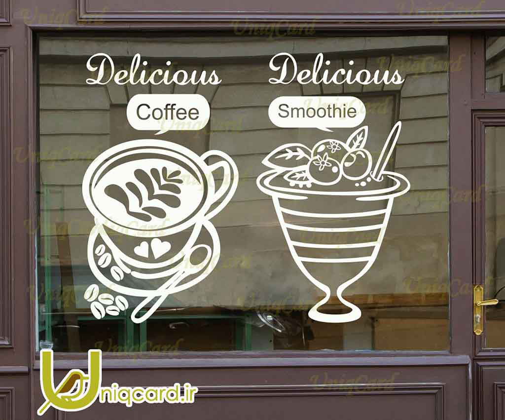 طرح لایه بازاستیکر و برچسب شیشه کافی شاپ با طرح فنجون قهوه و ماگ اسموتی