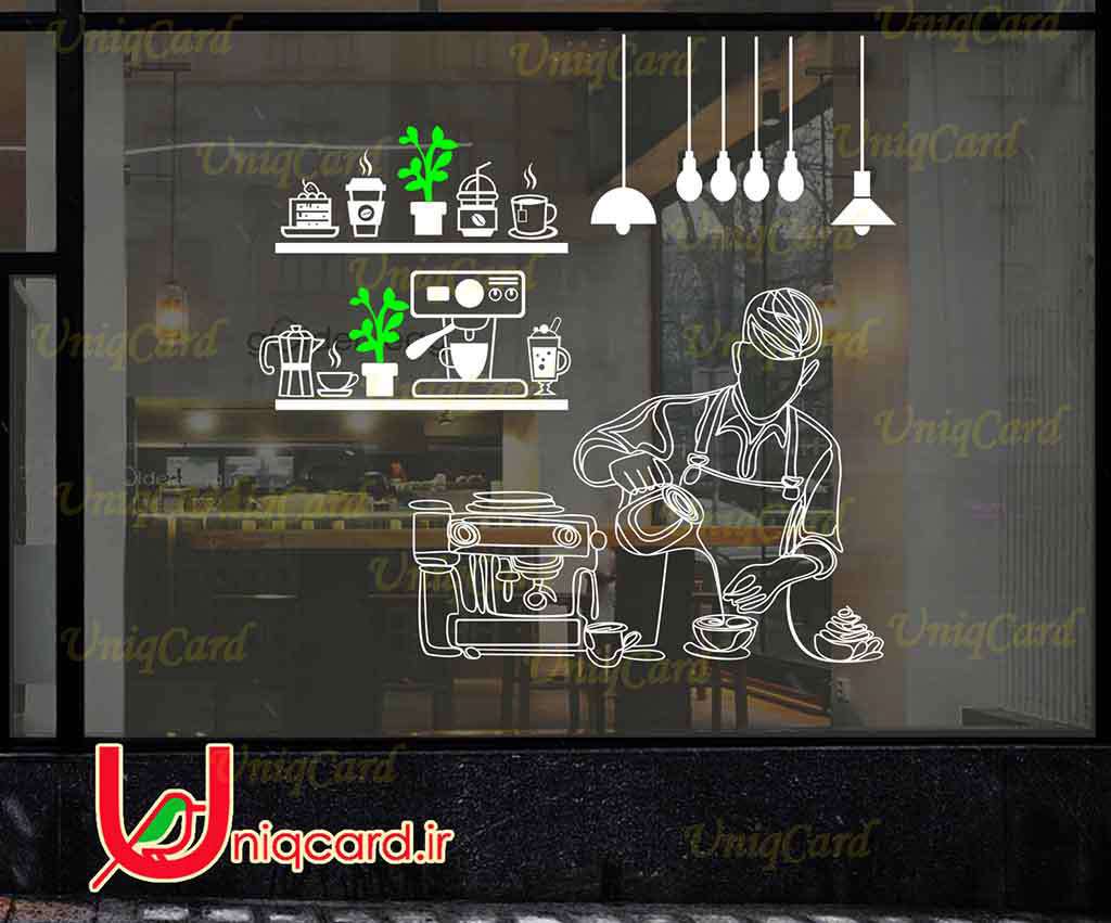 طرح لایه باز استیکر و برچسب شیشه کافی شاپ با طرح باریستا من و قهوه و کیک و کاپوچینو و لاته