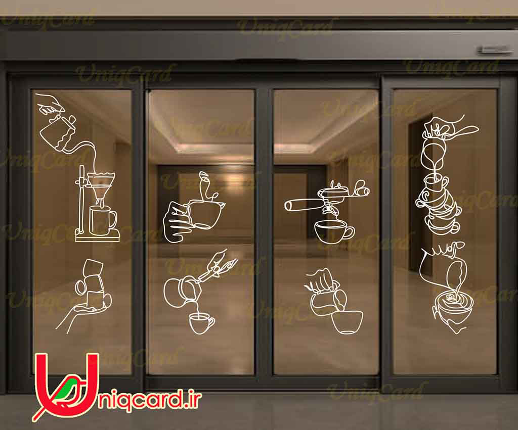 طرح لایه باز استیکر و برچسب شیشه کافی شاپ با طرح دست ها درحال سرو و نوشیدن قهوه