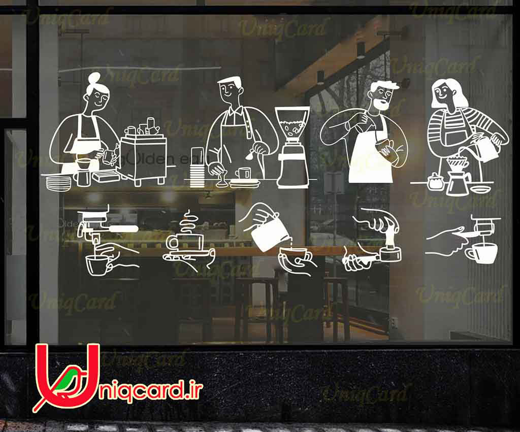 طرح لایه باز استیکر و برچسب شیشه کافی شاپ با طرح باریستاهای خانم و آقا درحال سرو قهوه