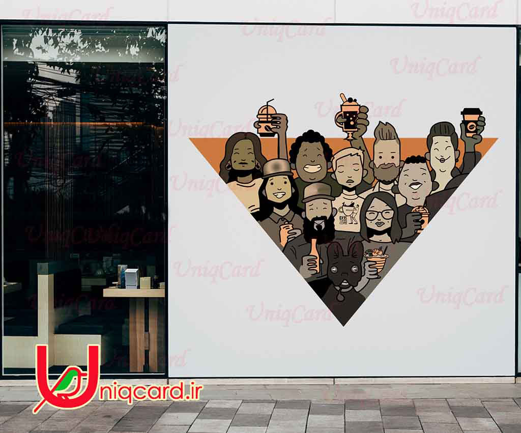 طرح لایه باز استیکر و برچسب شیشه کافی شاپ با طرح پسر و دختر و مرد و زن در کافه درحال نوشیدن