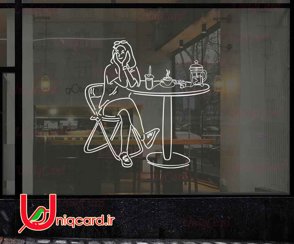 طرح لایه باز استیکر و برچسب شیشه کافی شاپ با طرح دختر جوان در کافی شاپ