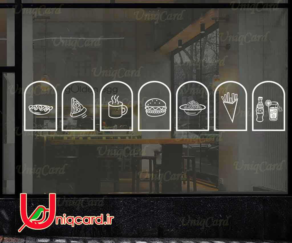 وکتور خطی استیکر و برچسب شیشه کافی شاپ با طرح قهوه و پاستا و نوشابه و پیتزا و سیب زمینی
