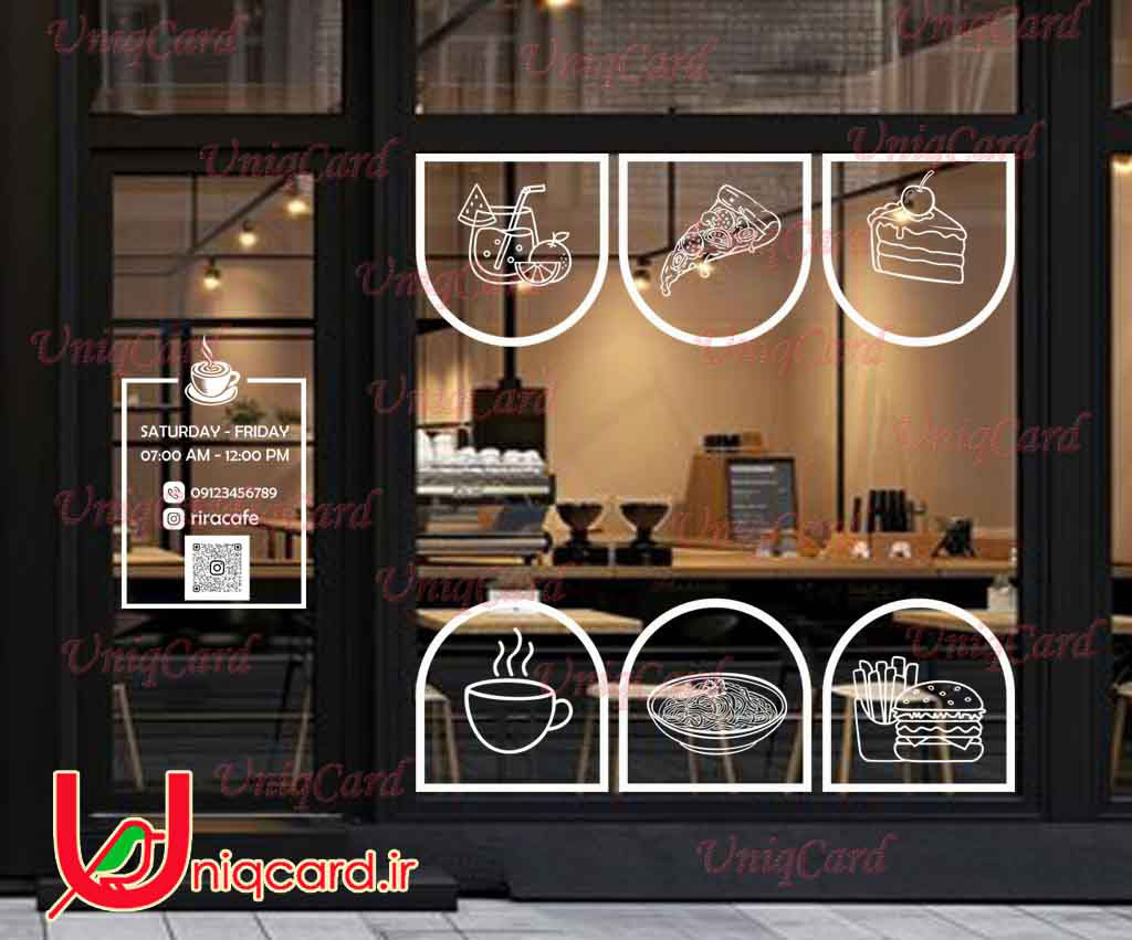 طرح لایه باز استیکر و برچسب شیشه کافی شاپ با طرح قهوه و پاستا و نوشابه و پیتزا و کیک و برگر و یه طرح اشانتیون ساعت کاری برای درب ورودی