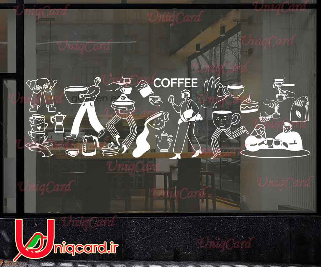 طرح لایه باز CDR کورل دراو استیکر و برچسب دیوار و شیشه کافی شاپ با طرح دختر و پسر فنجونی با قهوه و کروسان