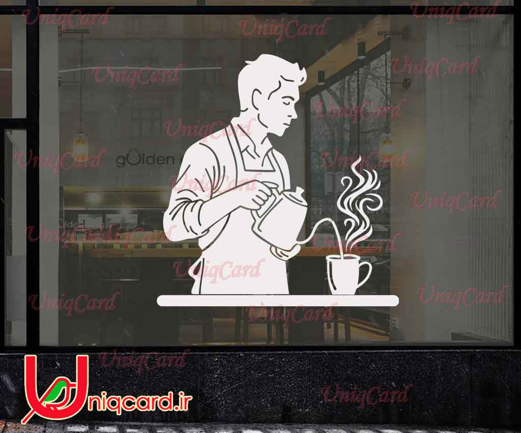 وکتور خطی استیکر و برچسب دیوار و شیشه کافی شاپ با طرح مرد جوان باریستامن