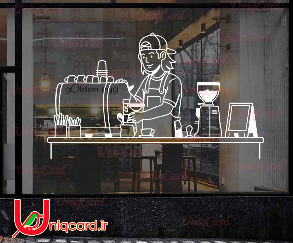 وکتور خطی استیکر و برچسب شیشه کافی شاپ با طرح پسر قهوه چی و بار کافه