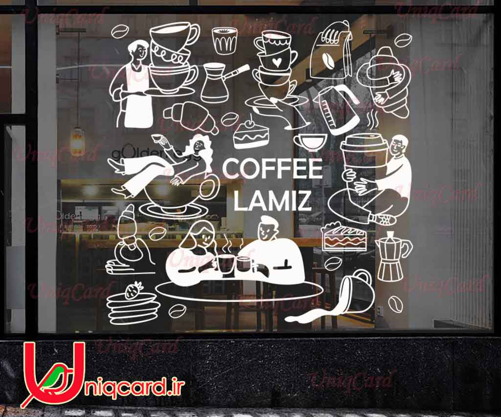 وکتور خطی استیکر و برچسب شیشه کافی شاپ با طرح پسر و دختر عاشق قهوه