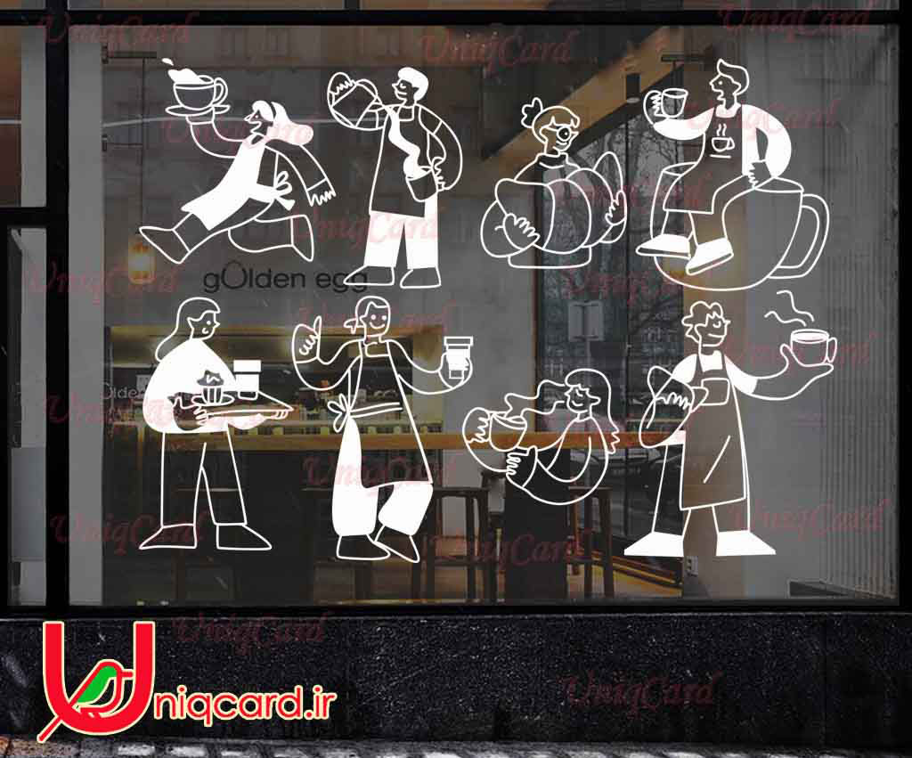 وکتور خطی استیکر و برچسب شیشه کافی شاپ با طرح مرد و زن باریستا با فنجون قهوه