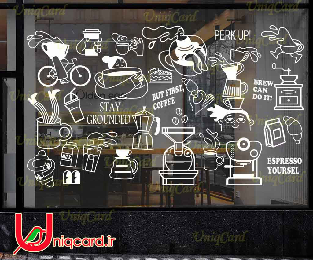 وکتور خطی استیکر و برچسب شیشه کافی شاپ با طرح زن فنجون سوار و فنجون دوچرخه سوار