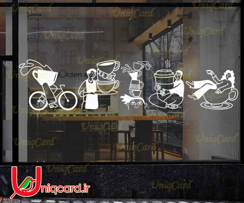 وکتور خطی استیکر و برچسب شیشه کافی شاپ با طرح مرد و زن با فنجون قهوه