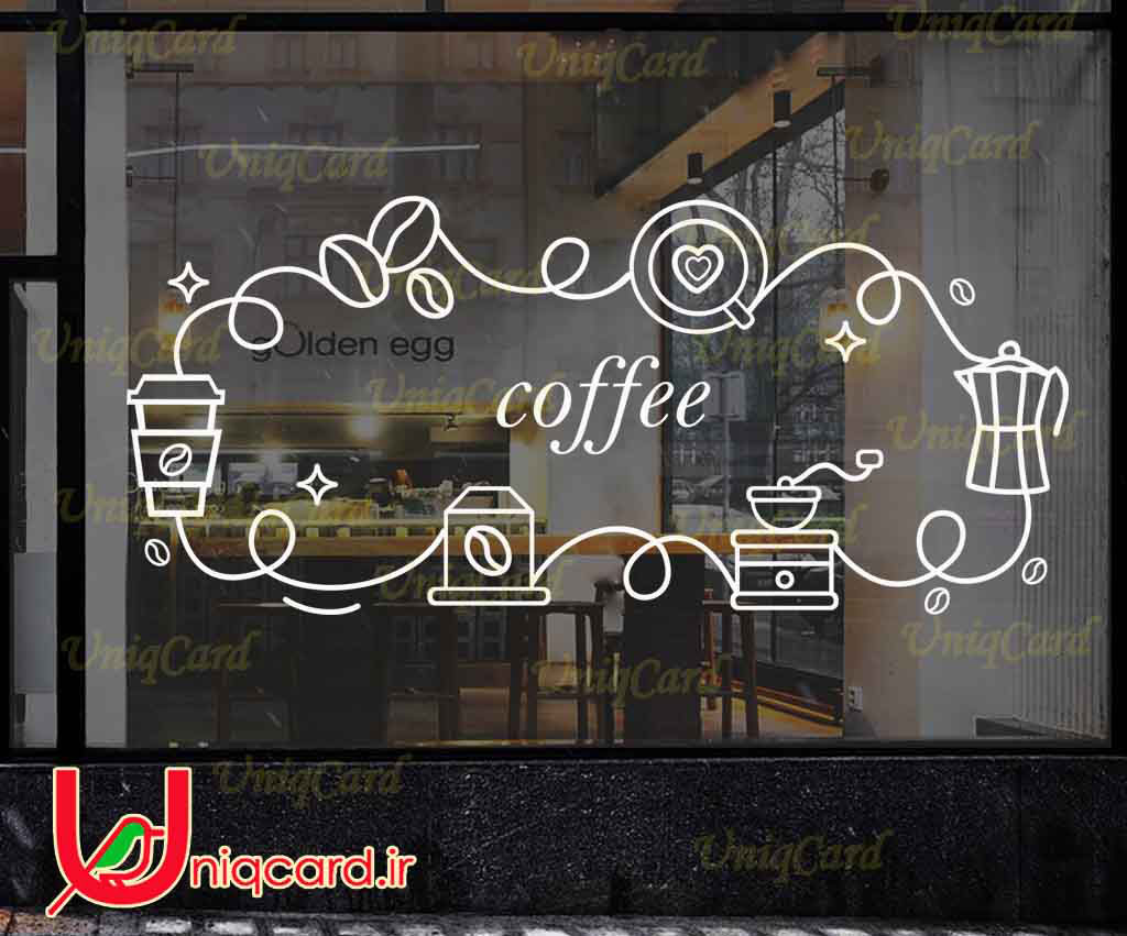 وکتور خطی استیکر و برچسب دیوار و شیشه کافی شاپ با طرح قهوه و موکا و قهوه ساز و فنجون