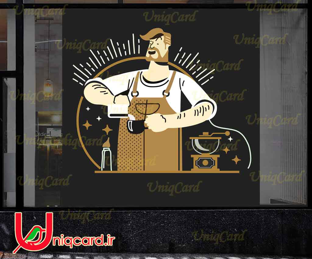 طرح لایه باز فوتوشاپ PSD استیکر و برچسب دیوار و شیشه کافی شاپ با طرح پسر باریستا درحال ریختن شیر قهوه