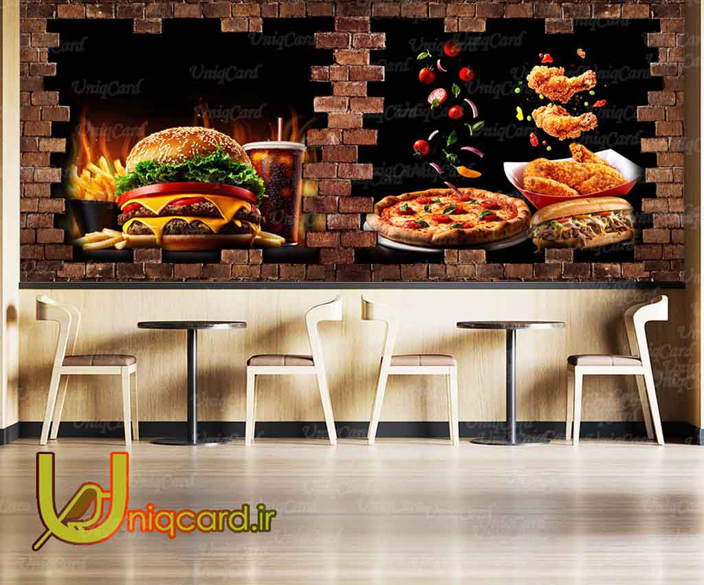 طرح لایه باز پوستردیواری سه بعدی فست فود با طرح پیتزا و برگر و مرغ و سیب زمینی سوخاری روی دیوار آجری
