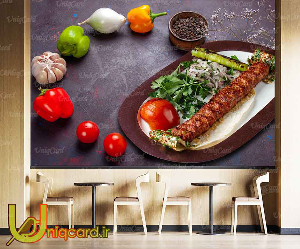 طرح لایه باز پوستردیواری رستوران و کبابی با طرح دیس کباب کوبیده و سبزیجات