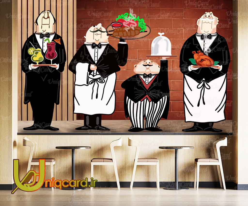 پوستردیواری رستوران و کبابی با طرح سرآشپزها با دیس های کباب کوبیده و مرغ